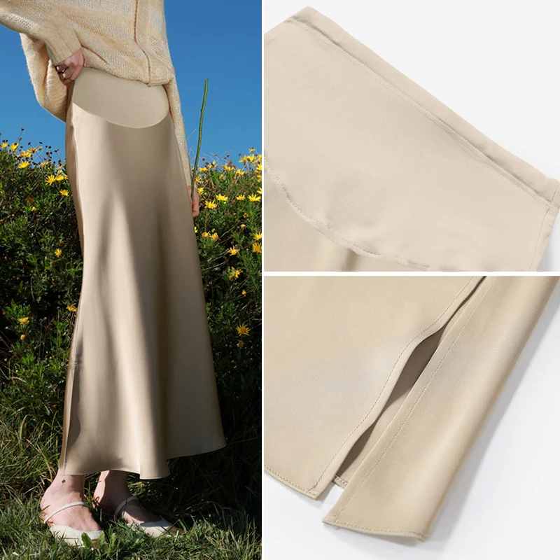 Korean Style Spring Autumn Maternity Belly Skirts Both Side Split Pregnant Woman Lightweight Satin Skirt Pregnancy Party Clothes