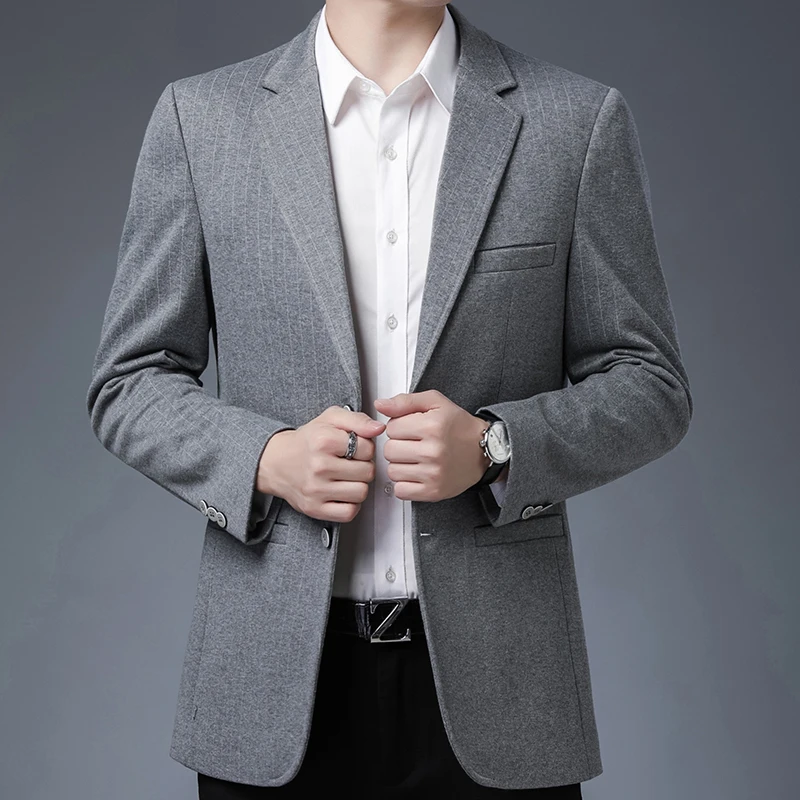 

2023 Men's Business British Style Suit Top Slim Comfortable Casual Fashion Gentleman Knitted Striped Wedding Host Blazer