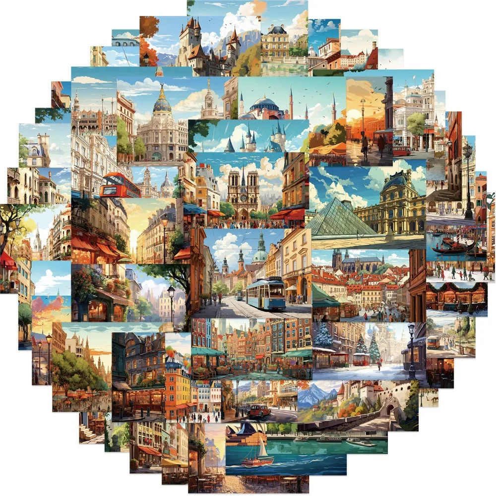 

50pcs European Architectural Graffiti Stickers Decoration Guitar Notebook Luggage Laptop Phone Waterproof Stickers Wholesale
