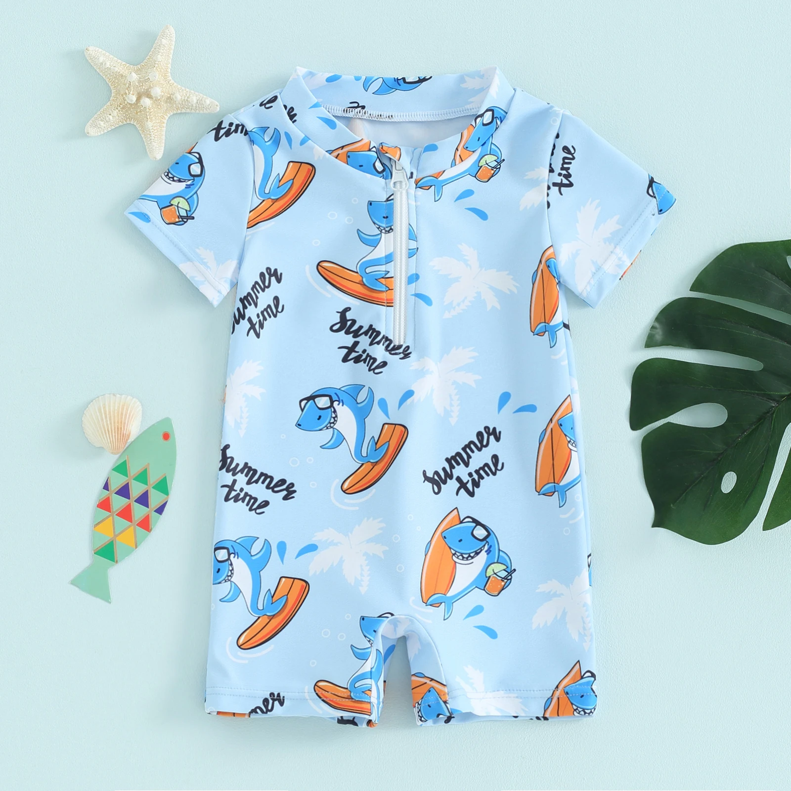 Cartoon Baby Boys Swimwear Beach Wear Cute Marine Life Print Short Sleeve Swimsuits Front Zipper Bathing Suits For Kids Infant