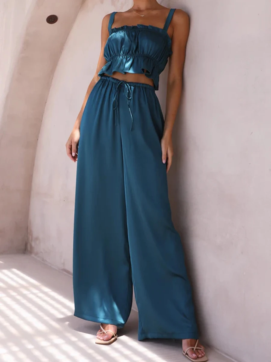 

Women Summer 2 Pieces Outfits Solid Color Frills Camisoles Sleeveless Backless Sling Tank Tops Wide-Leg Pants Set