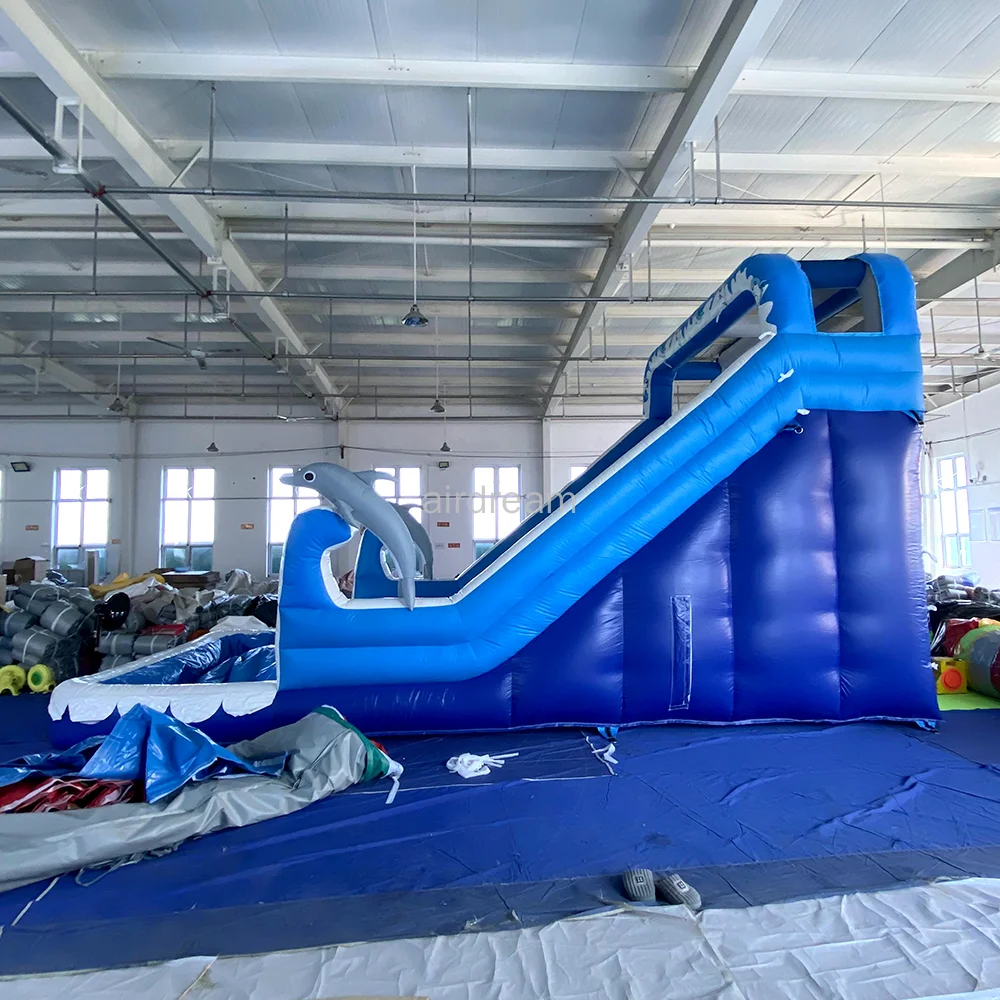 Free air shipping Giant blue Inflatable double Water Slide Dolphin Pool Slide Inflatable bounce house With Pool For Adult kids 4
