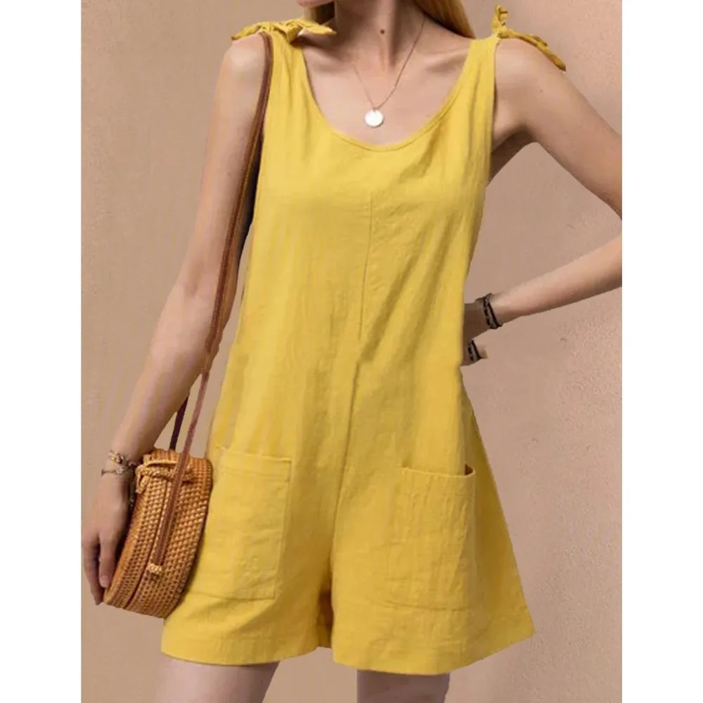 

Summer Women's Jumpsuit Solid Color Sleeveless Adjustable Straps Pockets Loose Casual Jumpsuit Dungarees Short Pants Jumpsuits