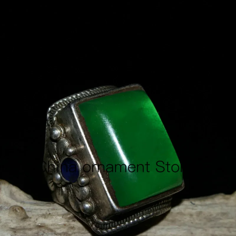 

Китайское старое ремесло, старинное тибетское серебряное инкрустированное зеленое серебряное кольцо из нефрита