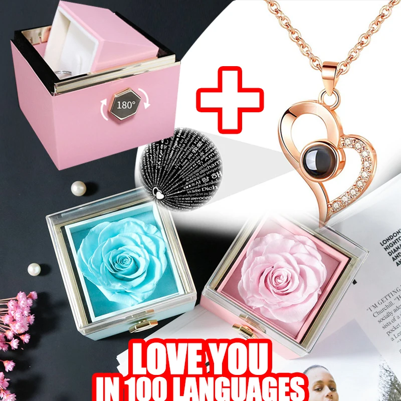 

Valentine's Day Eternal Rose Rotating Jewelry box Plus Projected 100 Languages Say Love your Wedding Gift Necklace