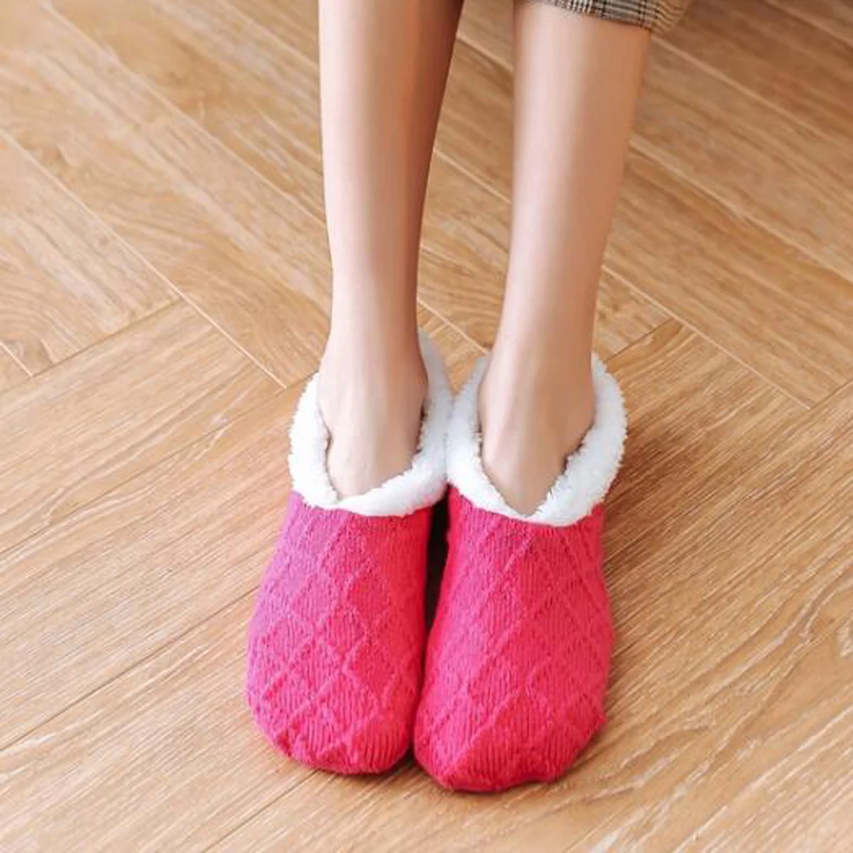 Damen warme einfarbige Bodens ocken rutsch feste Plüsch-Strick-Korallen-Fleece-Socken ohne Show-Socken – Detail 4
