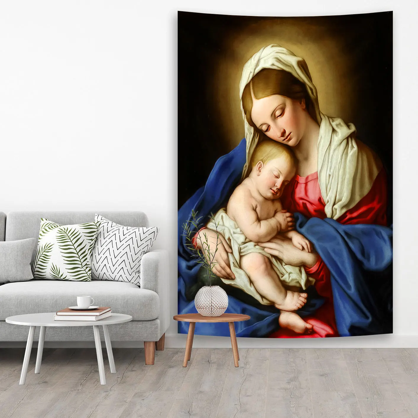 QdDeco Mother Of Christian Faith Jesus Hanging Tapestries Blessed Virgin Mary Printed Wall Cloth Home Decorations