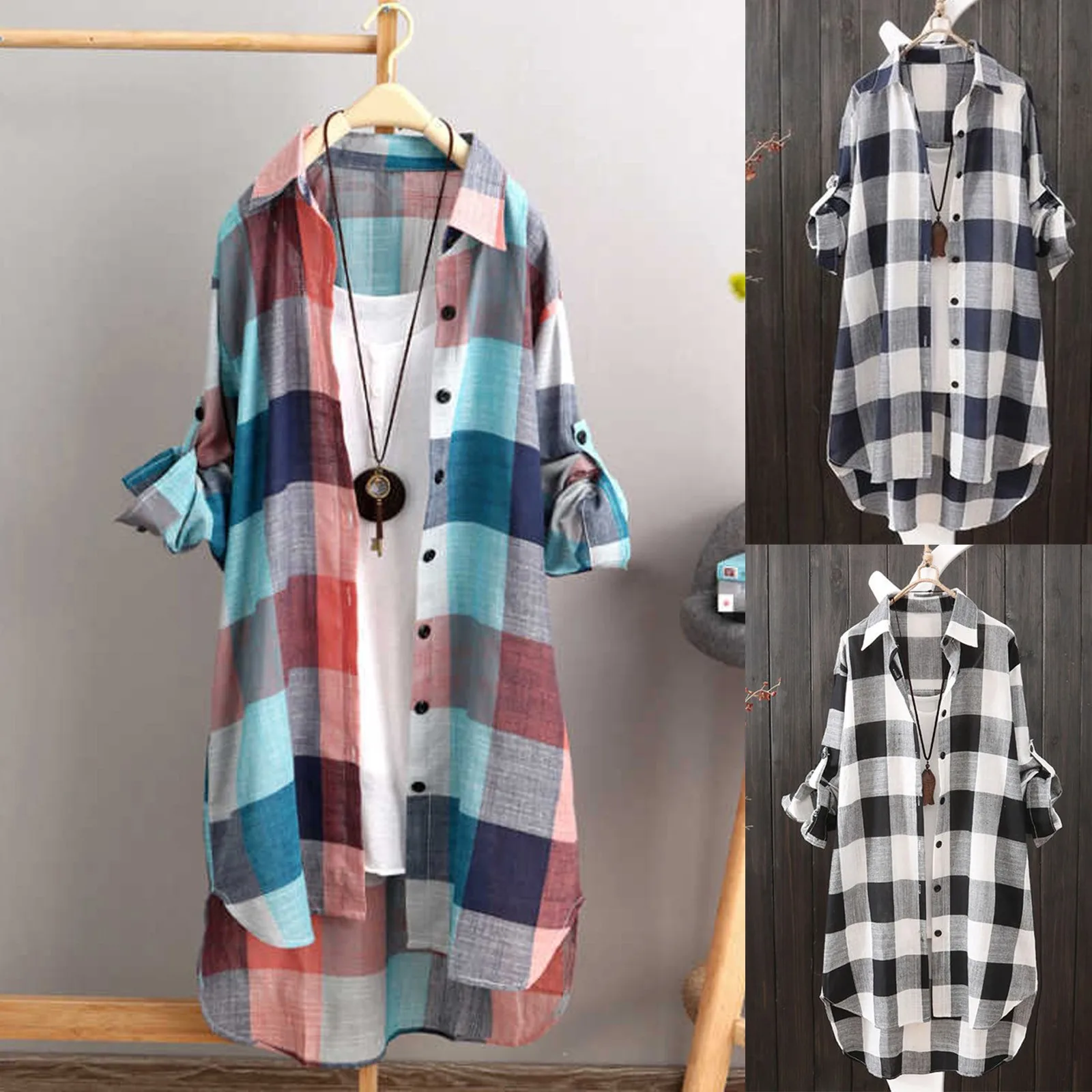 Spring And Summer Women Casual Versatile Plaid Printed Shirt Top Long Sleeve Button Cardigan Tops Loose Lapel Long Blouse Tops