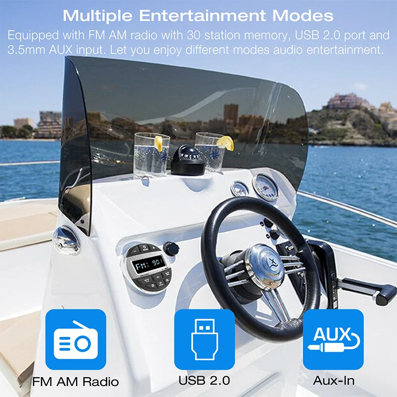 GRANDnavi Bluetooth Marine Stereo Boat Radio Waterproof FM AM Digital Media Audio Player For Yacht Gauge ATV UTV Cart Motorcycle