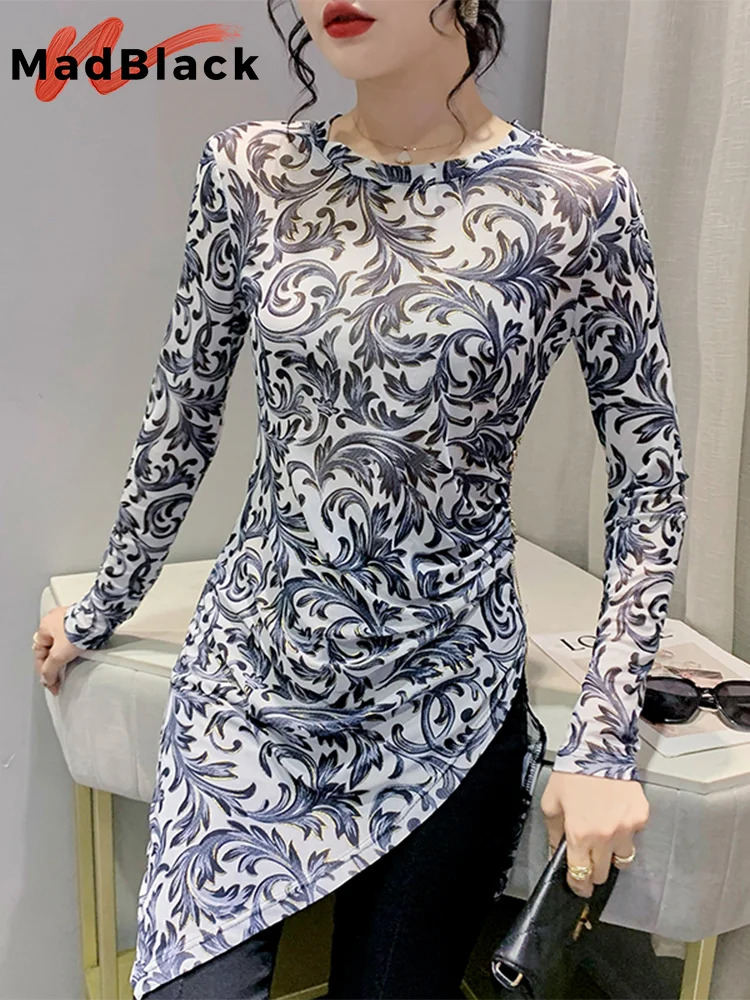 

MadBlack Spring European Clothes Long T-Shirt Retro Women Sexy Asymmetrical Slim Mesh Tops Long Sleeves Streetwear Tees T34760M