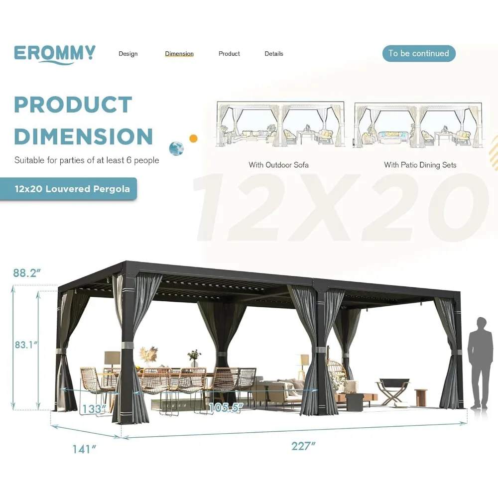 Louvered Pergola 12' x 20' Outdoor Hard Top Pergola with Aluminum Frame and Adjustable Metal Rainproof Roof for Garden, Gazebos 2