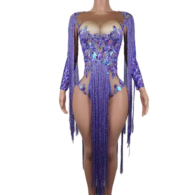 Queen's Style Purple Glitter Jumpsuits Sparkle Tassel Bodycon Rompers Ladies Party Nightclub Show Short Shiny Fringes Bodysuits 1