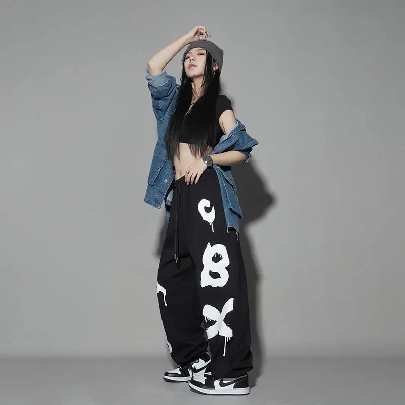 Hip Hop Vintage Women Loose Wide Leg Pants Spring Summer New Thin Letter Elastic Waist Dance Streetwear Sports Casual Trousers
