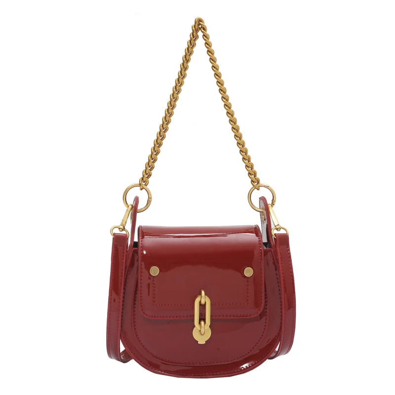 

Women Crossbody Shoulder Bags Casual Saddle Bags for Women Luxury Metal Chain Handbag and Purse Bright PU Leather Lady Bag