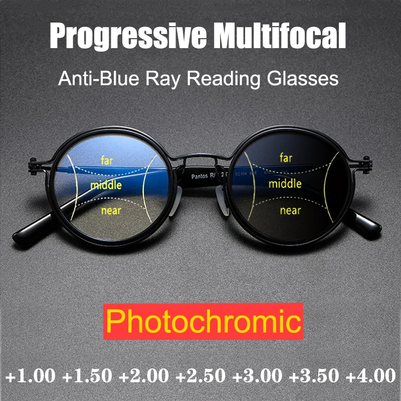 

Retro No Screws Progressive Photochromic Reading Glasses Men Women Multifocal Anti-Blue Ray Hyperopia Eyeglasses Round-Frame 2.5