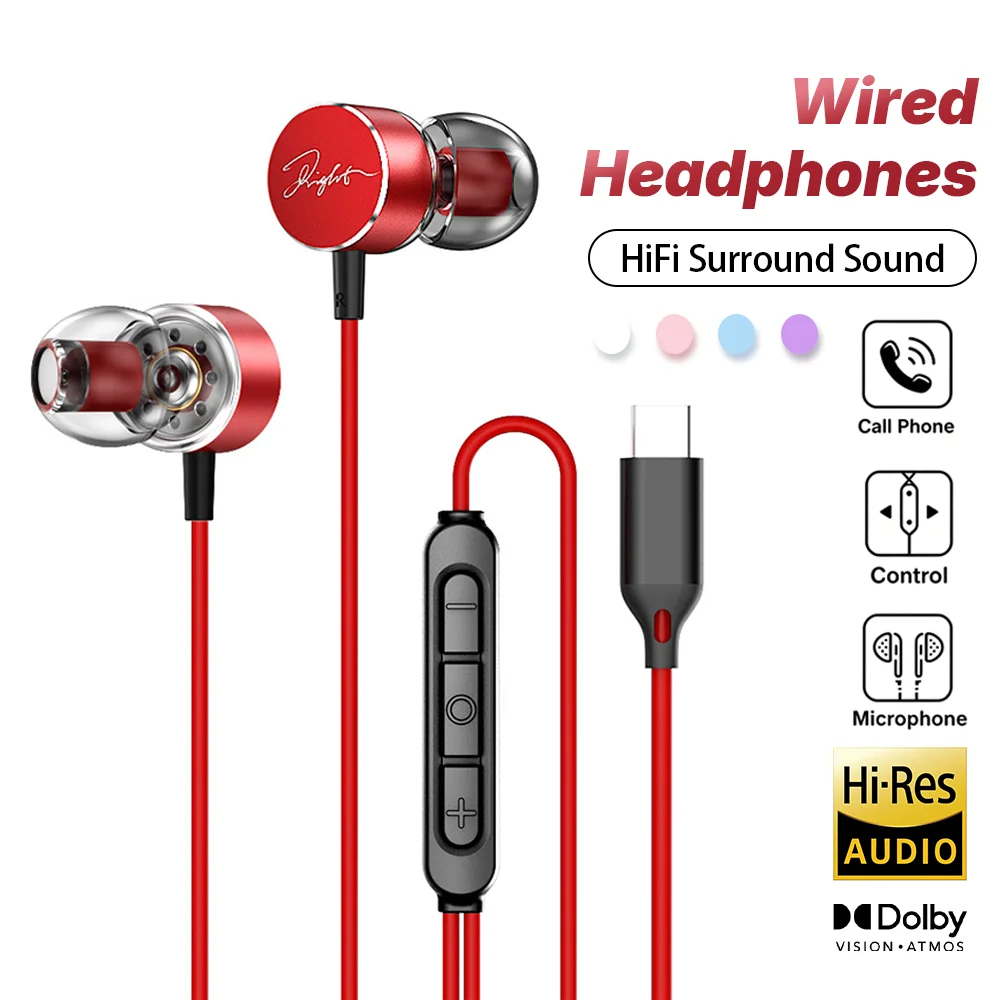 USB-C Wired HiFi Bass Stereo In-Ear Headphones with Microphone