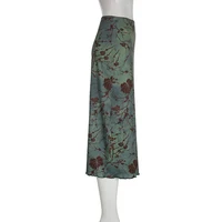 SUCHCUTE y2k Vintage Floral Printing Midi Skirts Women Harajuku Fairycore Green Straight Maxi Skirt Aesthetic Sweet Girl Clothes - Image 5