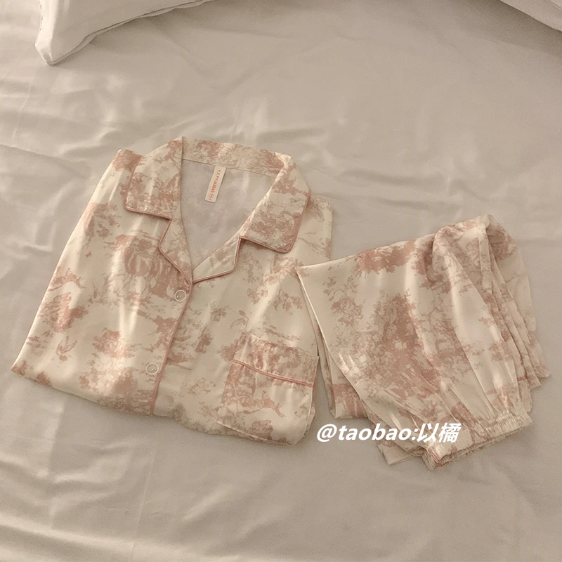 

Pink Pajamas Women's Spring And Autumn Long Sleeve Ice Silk Cool Wearing Lapel High-end Summer Satin Home Clothes