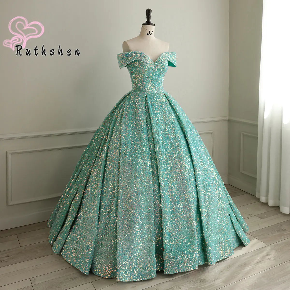 Turquoise Luxury Evening Dresses for 2023 women Ball Gown Off the Shoulder Formal Occasion Sequin Dress