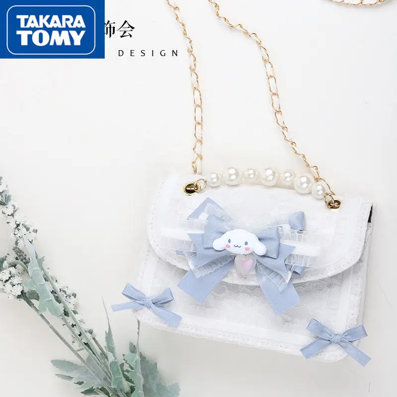 

TAKARA TOMY Hello Kitty Women's Pearl Lace Magnetic Buckle Large Capacity Shoulder Bag Girls Lolita Cute Sweet Messenger Bag