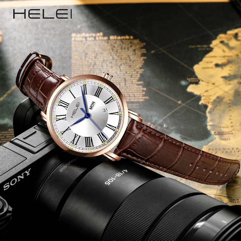 HELEI brand business luxury watches men's quartz watches waterproof quartz wristwatch leather fashion quartz wristwatch