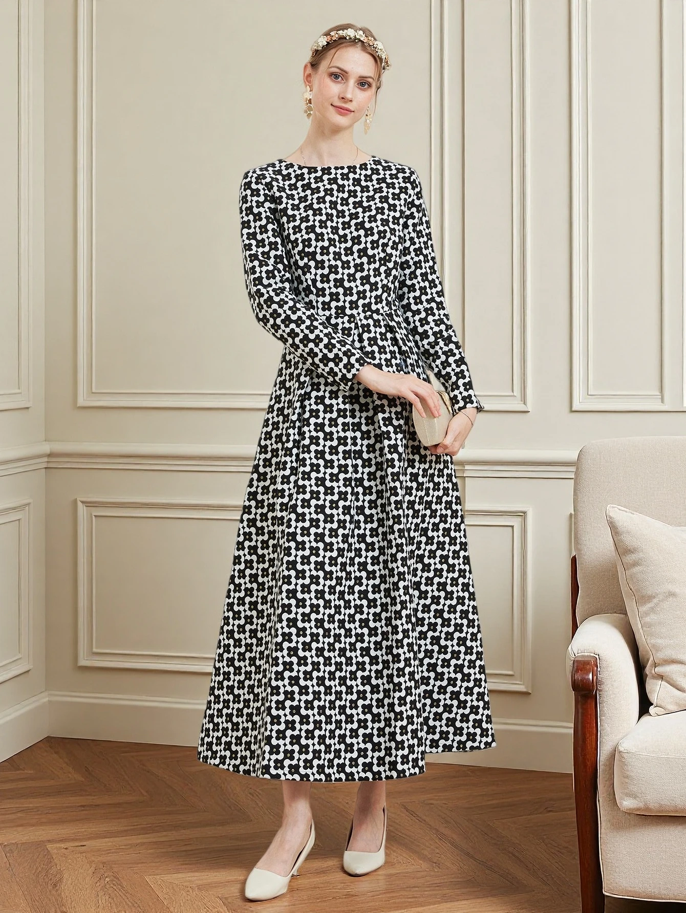 DEVCHATA Luxus Frauen Vintage Gold Faden Jacquard Langarm Kleid Mode Frühling Herbst Floral Damen Party kleider Kleidung – Detail 10