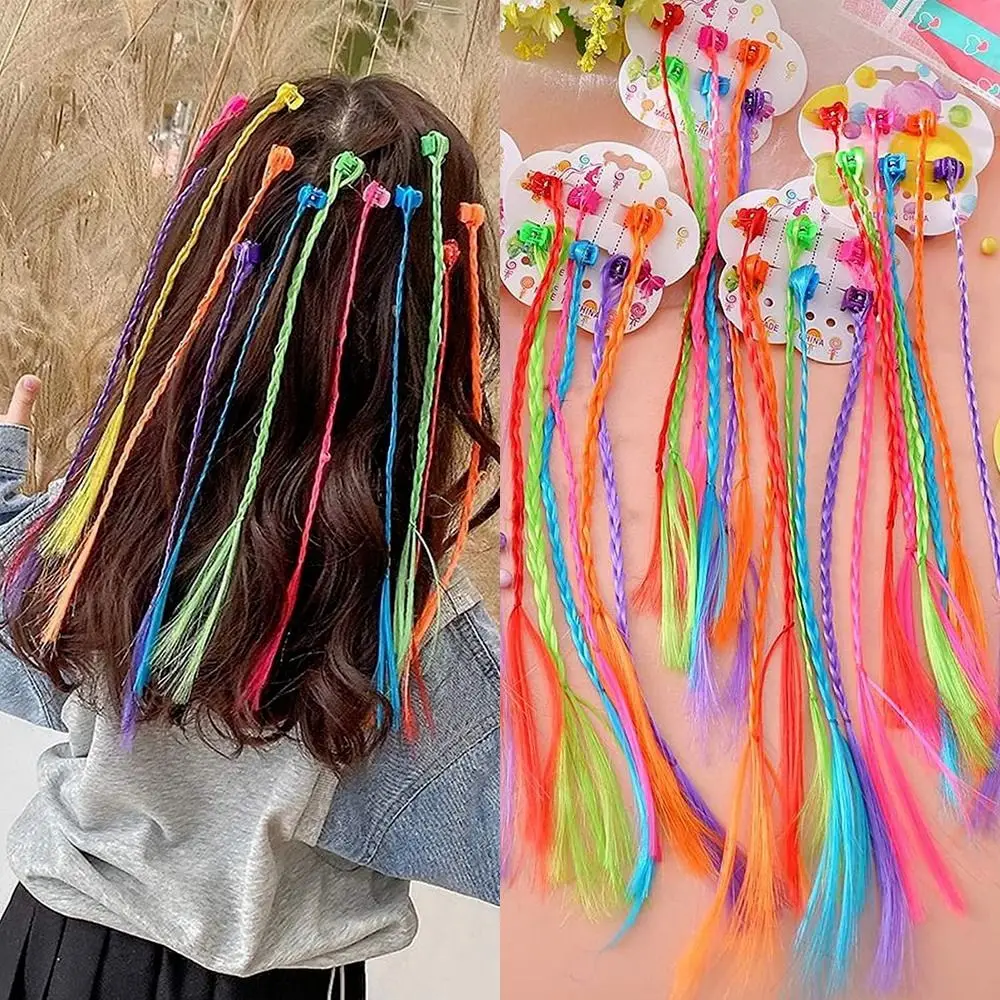 Rainbow Braided Ponytail Hairpieces Hair Accessories Colorful Braids Hair Extensions With Hair Clips For Kids Girls