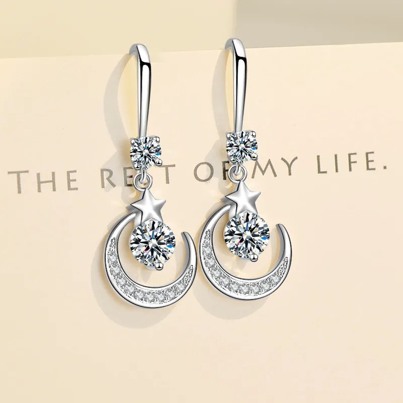

Exquisite Silver Color Metal Moon Earrings Fashion Inlaid Pink Zircon Five Pointed Star Dangle Earrings for Women
