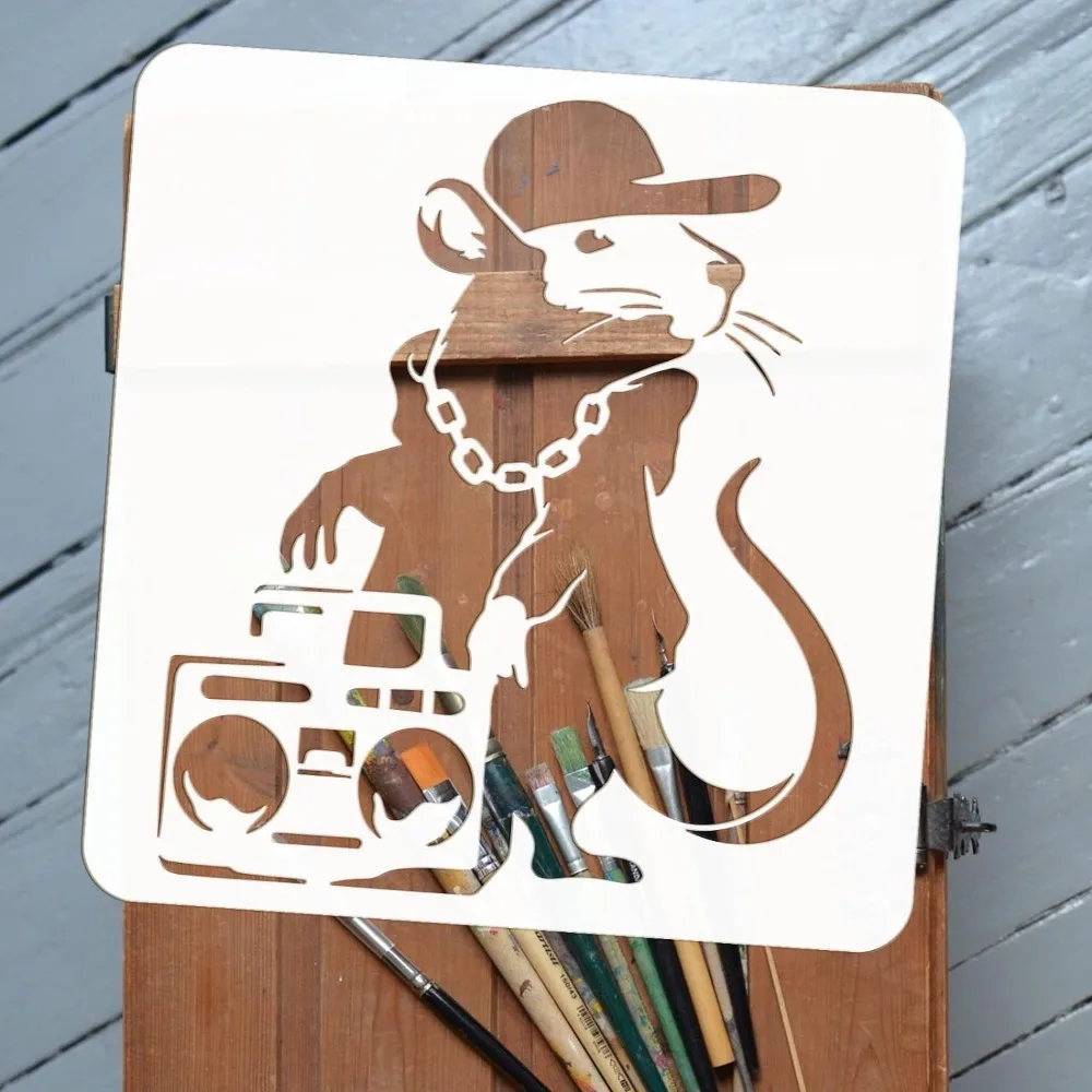 Hip Hop Rat Stencil 11.8x11.8inch Reusable Banksy Rat Stencil DIY Art Radios and Mouse Painting Template Banksy Theme