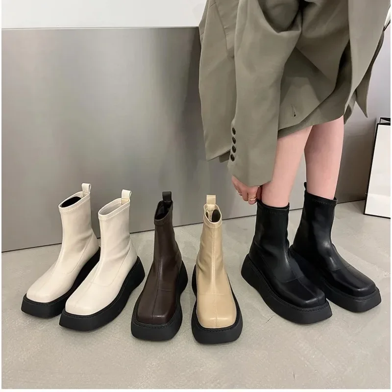 2023 Winter Chunky Boots For Women Square Toe Shoes Ladies Fashion Slip On Platform Thick Sole Short Boots Ladies Ankle Booties