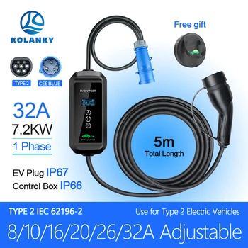 Current 8/10/16/20/26/32A 7kw Portable EV Charger Type 2 Plug Charging For Hybrid Eletric Vehicle Car Battery Cable 5M 1