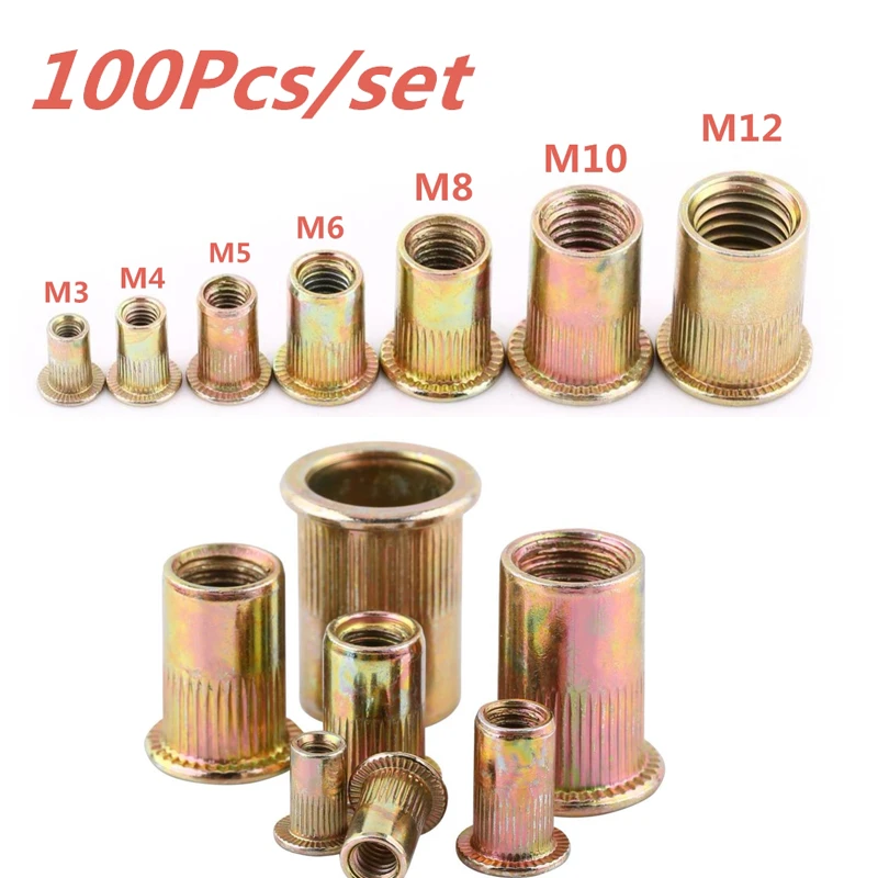 100Pcs/set M3 M4 M5 M6 M8 M10 M12 Rivet Nuts Tools Carbon Steel Rivnuts