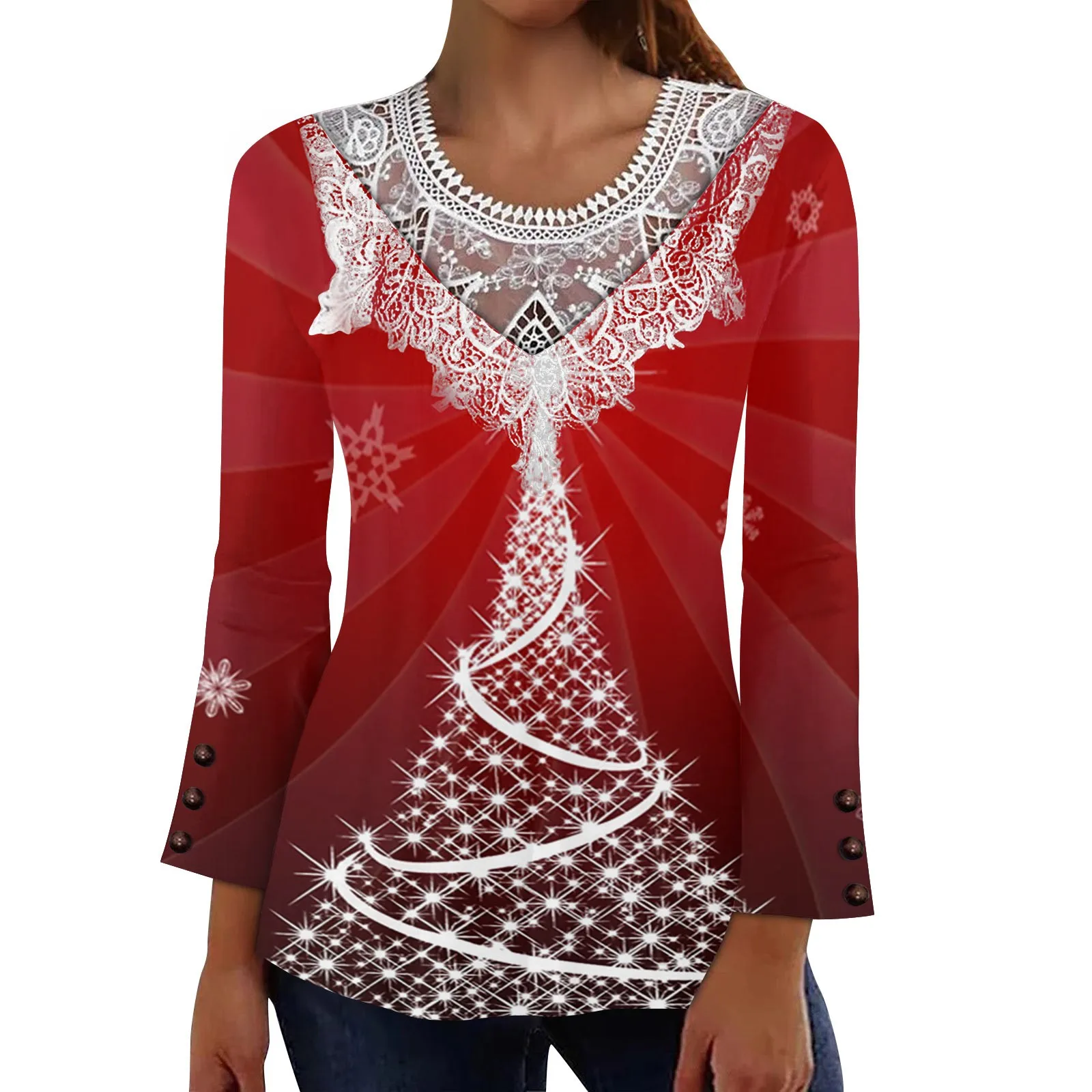 

Новинка 2023, женская одежда, осенне-зимняя Рождественская футболка, модные повседневные свободные топы с длинным рукавом и V-образным вырезом и кружевом
