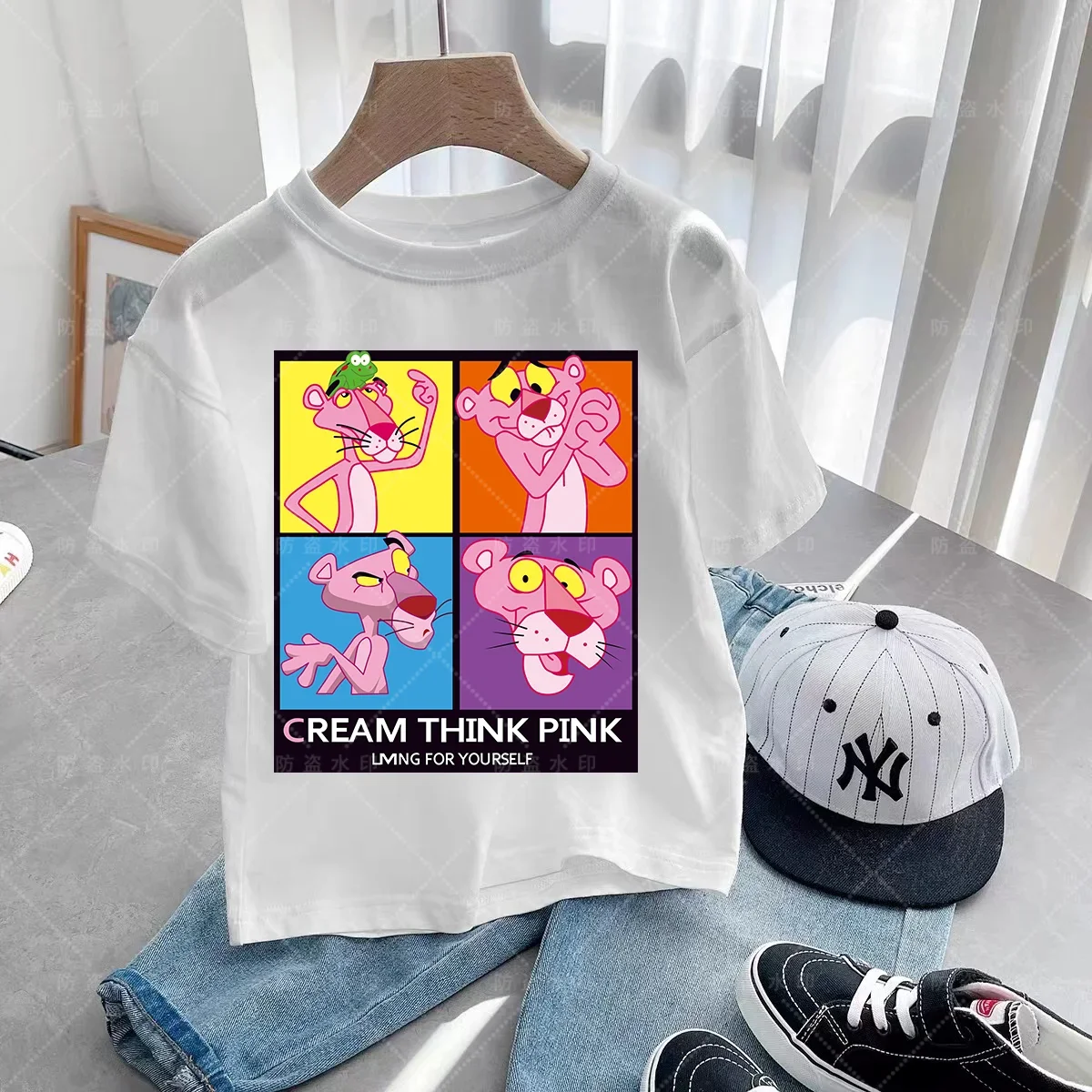 Summer Kids T-shirt Pink Panther Graphic Shirt Girls Floral Cat Top Short Sleeve T-shirt Cute cartoon Pink Panther T-shirt 5