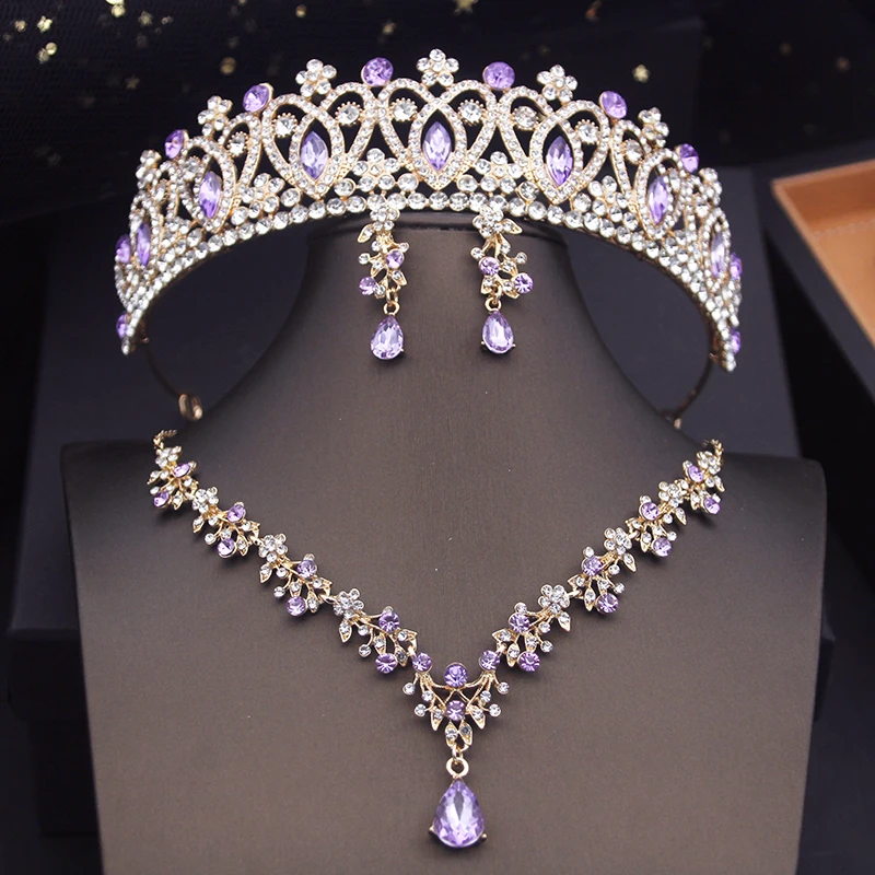 Luxo Roxo Tiaras Conjuntos de Jóias de Noiva para As Mulheres Coroa