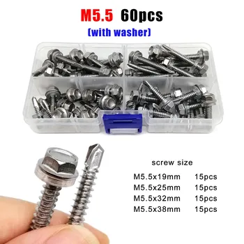 M4.2 M4.8 M5.5 M6.3 Mix Sizes Hex Flange Head Drill Tail Self Tapping Screw Set Kit 410 Stainless Steel for Iron Plate Aluminum
