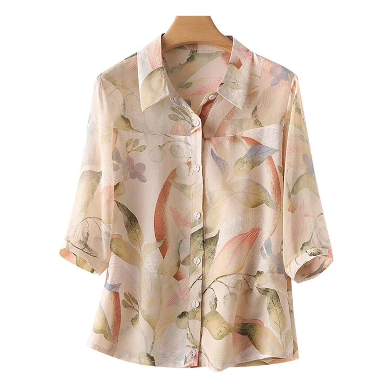 

Женская тонкая рубашка с отложным воротником, Повседневная шелковая блузка с винтажным принтом, свободная одежда, лето 2024