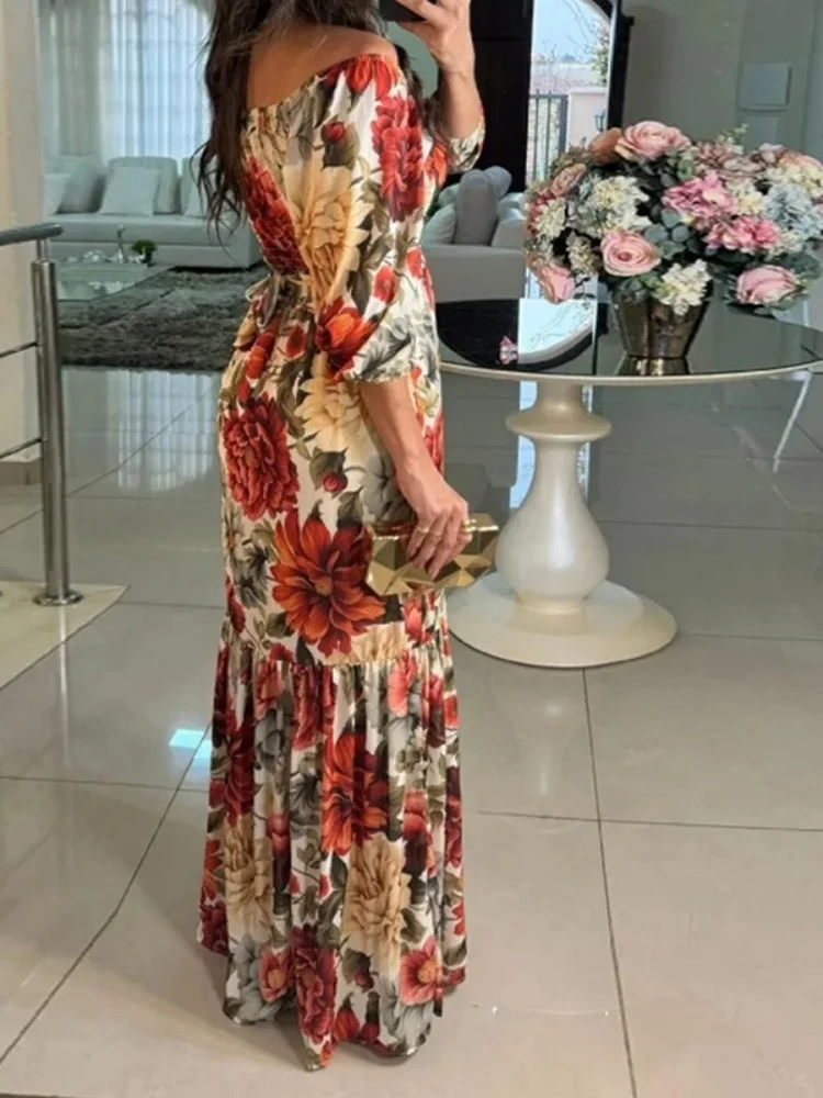 Wmstar 2025 New Women Fashionable Elegant Dress Floral Tie-up V-neck Long Dress Five Parts Sleeve  A Line Long Dress