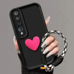 3D Love Heart Soft Silicone Matte Back Cover with Hand Strap - Xiaomi 10 Pro (Rose Black)