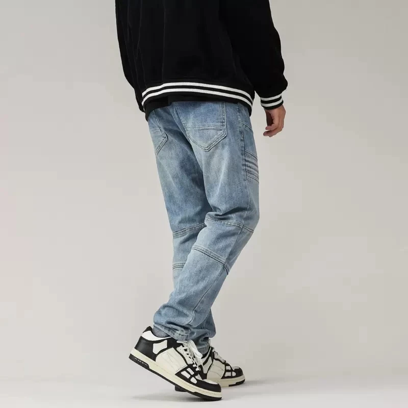 High Street Fashion Men Jeans Retro Light Blue Spliced Designer Biker Jeans Men Elastic Stretch Slim Fit Hip Hop Pants Hombre