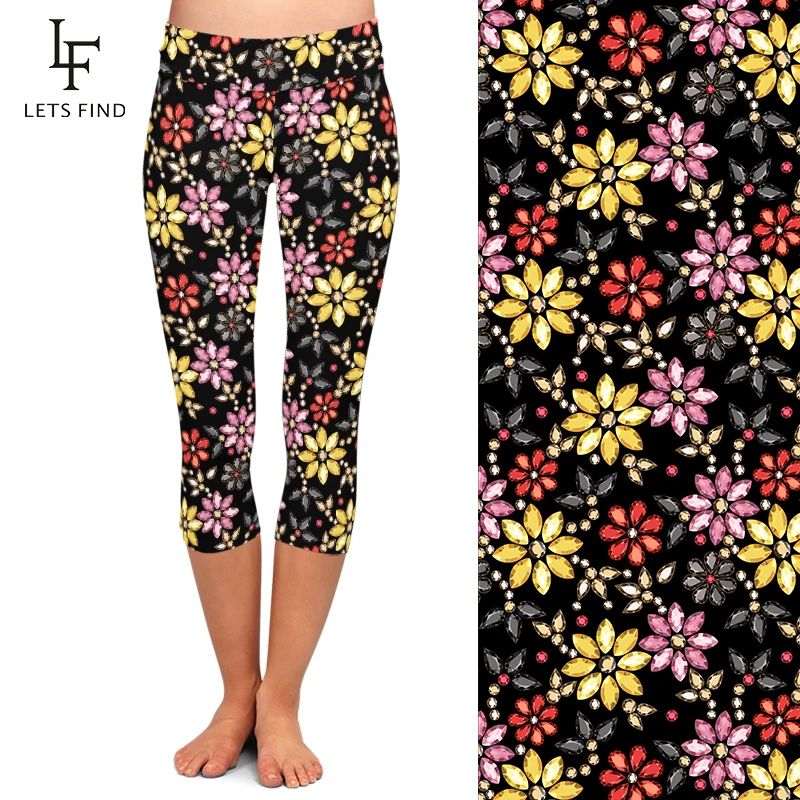 LETSFIND Beautiful Diamond Flower Digital Printed Leggings Summer Fashion Women Fitness Capri Leggings