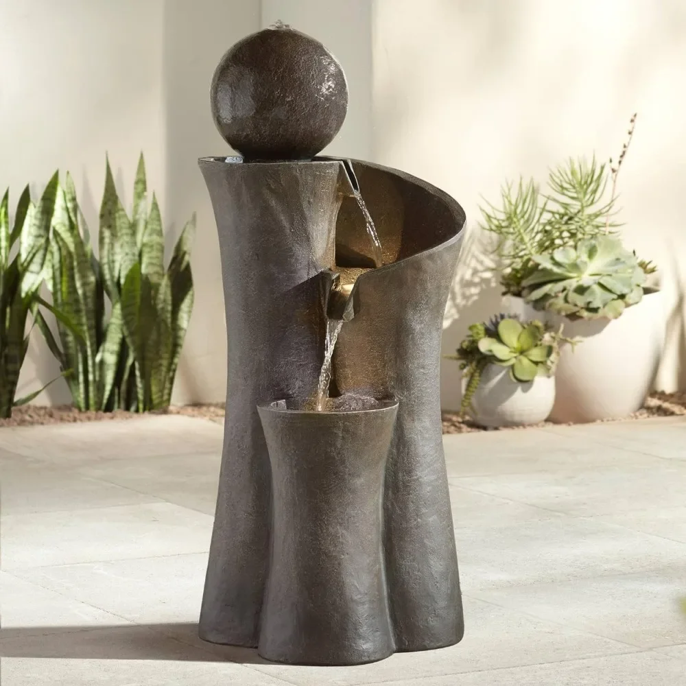 

Outdoor Statue Bubbler Water Fountain,Modern Sphere Curve Zen 39 1/2" High with LED Light Cascading,Sculptures