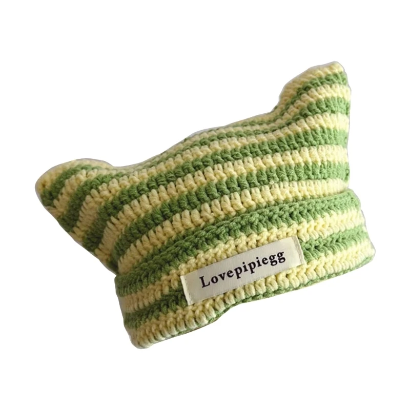 Striped Knitted Hat With Double Ears Curled Edges Design Versatile Beanie Cap