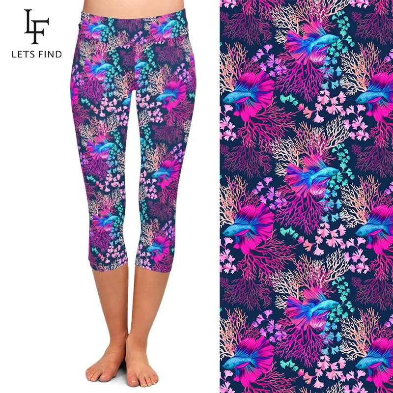 LETSFIND Summer High Quaility 3D Rainbow Fish Printing Women Capri Leggings High Waist Soft Fitness Mid-Calf Leggings