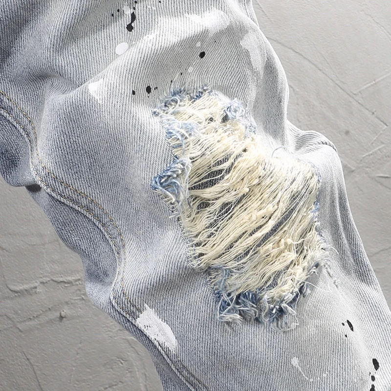 Street Fashion Men Jeans Retro Light Blue Elastic Stretch Slim Fit Ripped Jeans Men Painted Designer Hip Hop Denim Pants Hombre