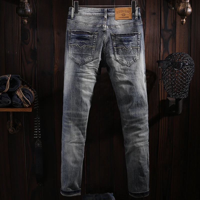 Fashion Designer Men Jeans High Quality Retro Gray Blue Elastic Slim Fit Ripped Jeans Men Embroidery Vintage Denim Pants Hombre