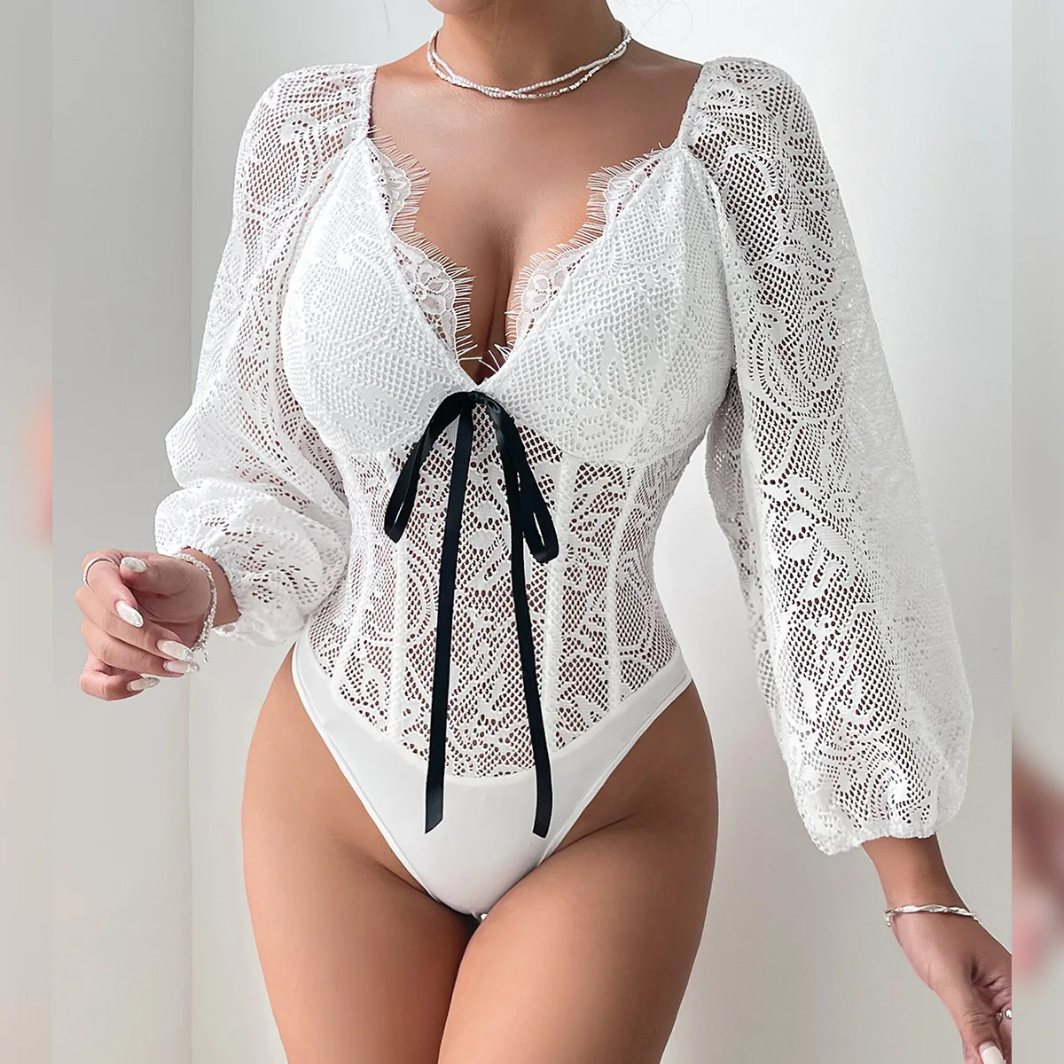 

French White Lace Elegant Bodysuits for Women Bow Bubble Long-sleeved Jumpsuits Summer Sexy Slim Fit Shapewear Bodyshaper Onesie