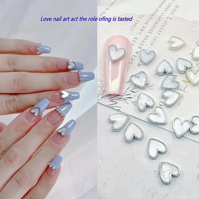 

100pcs Natural Heart-Shaped Freshwater Shell Pearl Nail Art Decorations Metal Edge Peach Heart Alloy Charms For Silver And Gold