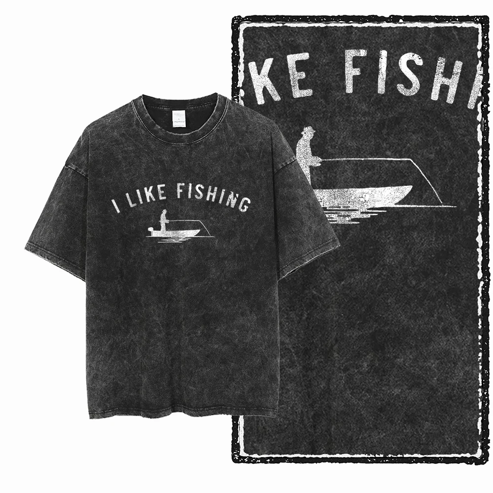 YB FISHING THEME Acid Washed Graphic Unisex Cotton T-Shirt - Cool Streetwear, Big Size