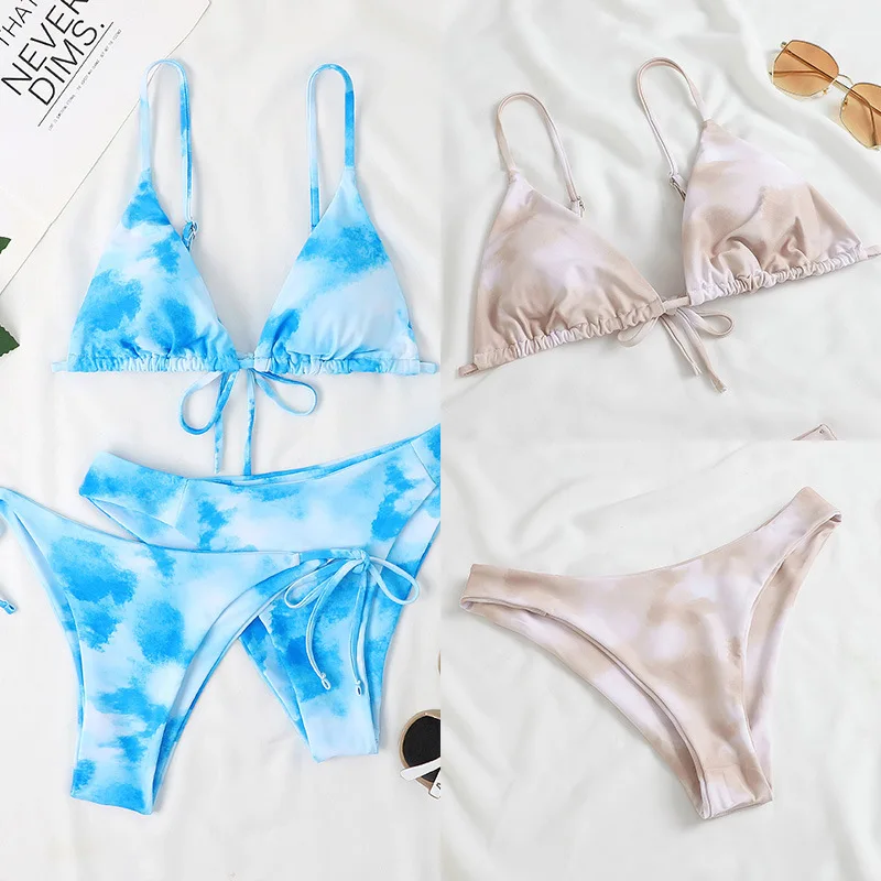 

2023 New European and American Bikini Women's Split Halo Dyed Strap Swimwear Comfortable Quick Drying 3-piece Set Bathing Suit